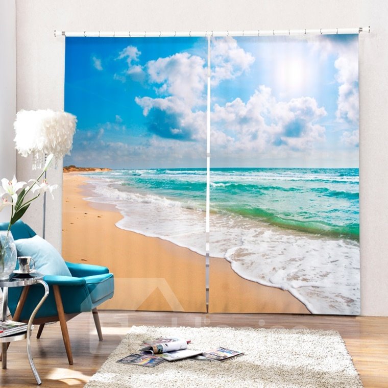 3D Waves and White Clouds Printed Beach Scenery Custom Living Room Curtain (104W*84"L)