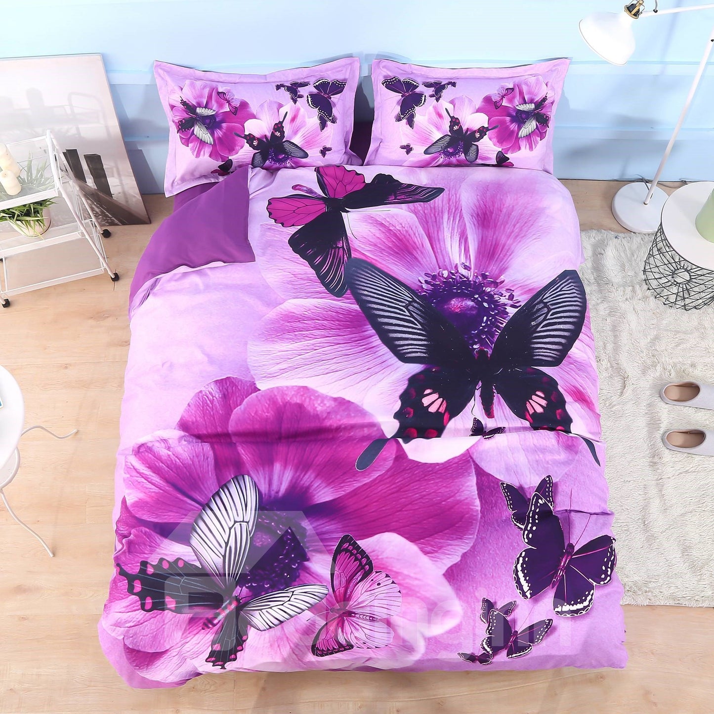 Pansy and Butterfly Printed 4-Piece 3D Floral Bedding Set/Duvet Cover Set Purple Microfiber (King)