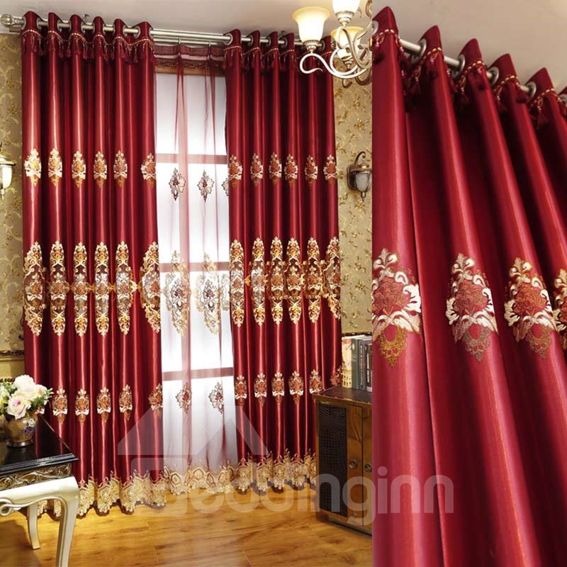 Blackout Curtains Red Classical Pattern High Quality Polyester Window Curtain Set Shading Cloth and Sheer (84W*63"L)