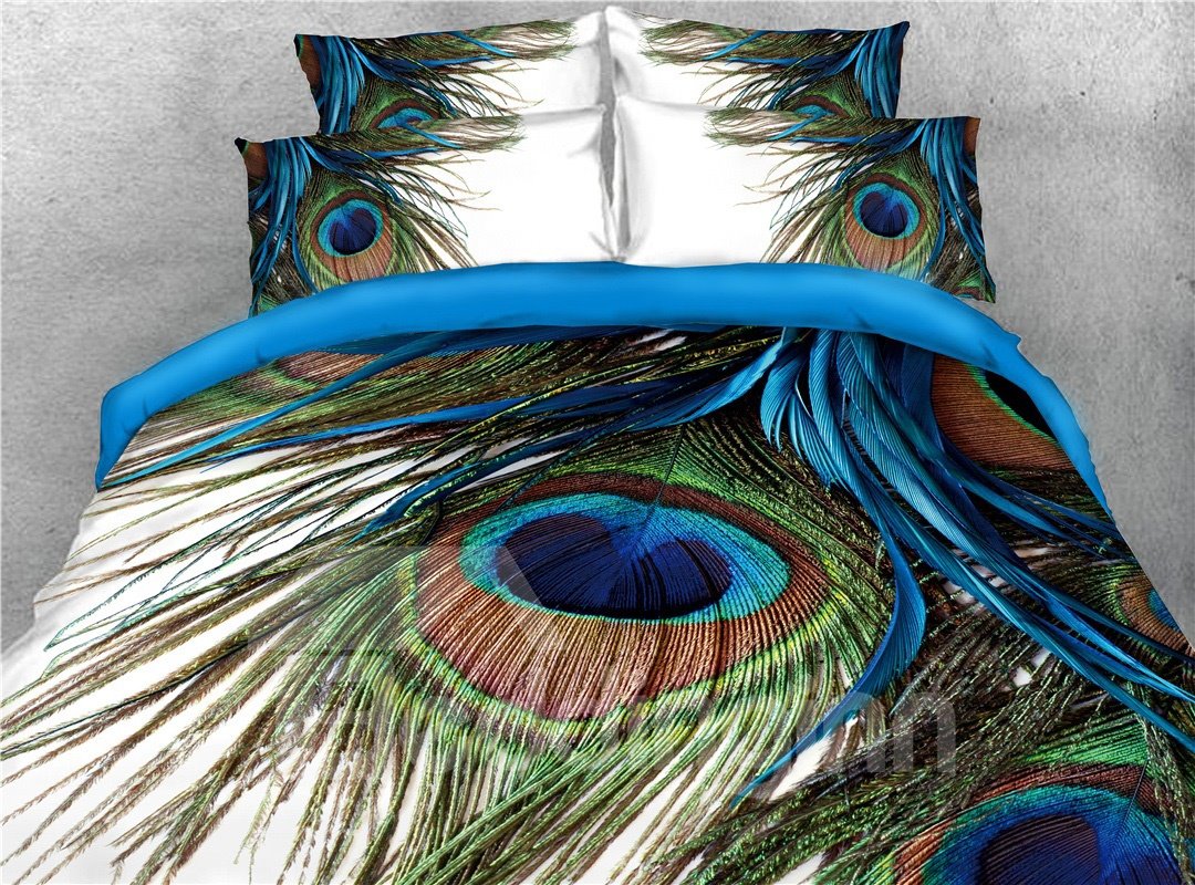 3D Peacock Feathers 5-Piece Comforter Set Microfiber Colorfast Wear-resistant Skin-friendly Blue Bedding Sets (Queen)