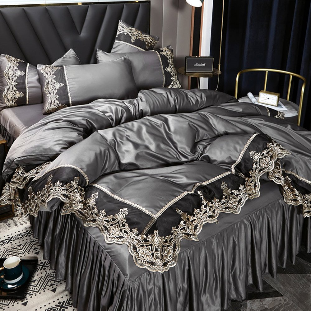 Gold Silk Embroidery Lace Bedding Set Polyester Soft Heavyweight Non-Slip Protective Cover 1 Duvet Cover 1 Bed Skirt 2 P (King)