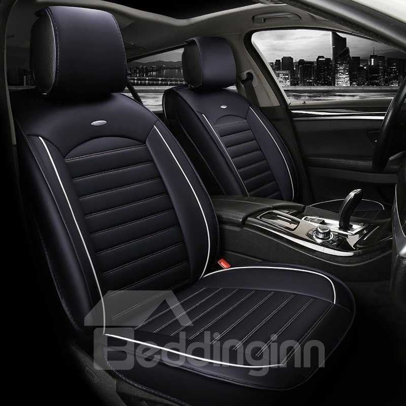 Striated Design Plus Two Bright Line Universal Leather Car Seat Cover Faux Leatherette Automotive Vehicle Cushion Cover