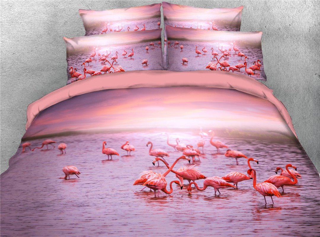 3D Pink Flamingo 4-Piece Duvet Cover Set/Bedding Set (Queen)
